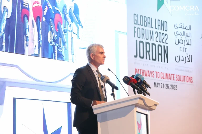 Participants attending the Global Land Forum 2022 organized by COMCRA Events at the King Hussein Bin Talal Convention Center, Dead Sea, Jordan.