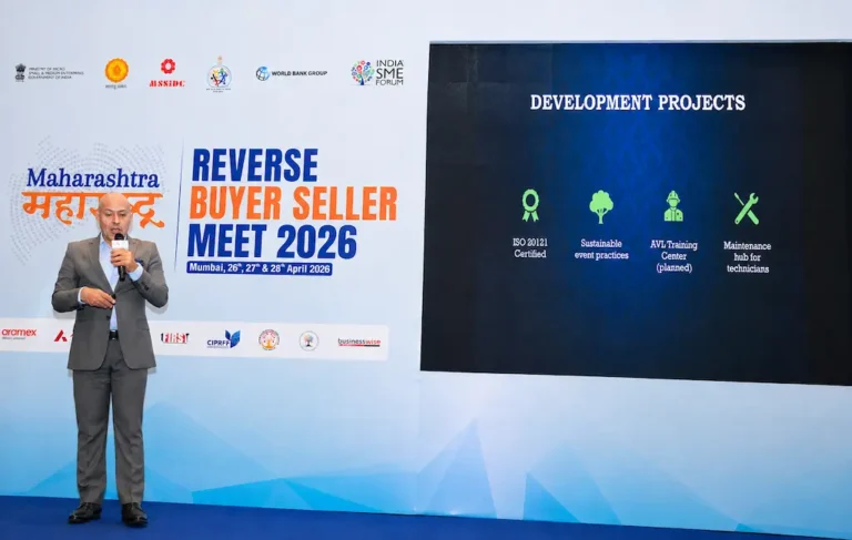 Abdallah Al Hindawi presenting COMCRA Events’ Business Strategy 2026–2029 during RBSM India 2026 in Mumbai, focusing on sustainable events, AVL development, and vocational training initiatives